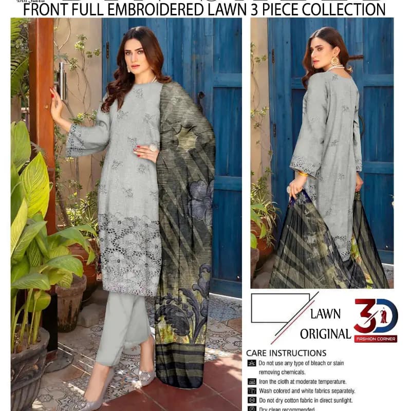 Boring Embroidered Shirt Embroidered Boring Back & Bazo, with Diamond Slub Printed Dupatta and Dyed Cotton Trouser 3PC  10 Suits Set Rs. 32500 only  A High Quality Product   what's App 0342-5977722