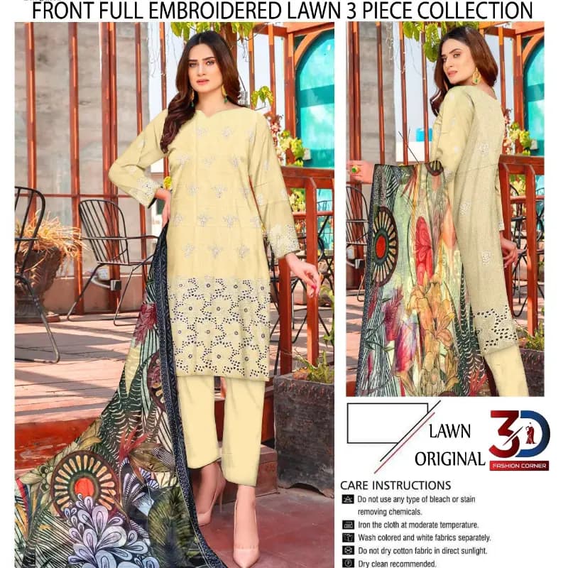 Boring Embroidered Shirt Embroidered Boring Back & Bazo, with Diamond Slub Printed Dupatta and Dyed Cotton Trouser 3PC  10 Suits Set Rs. 32500 only  A High Quality Product   what's App 0342-5977722