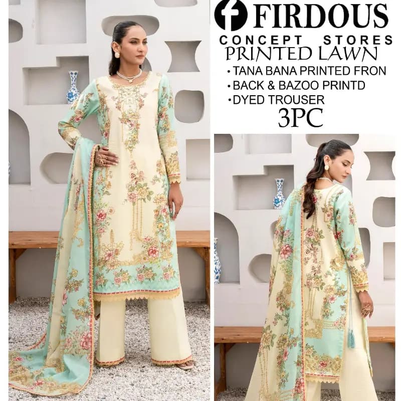 Doria Lawn (Tana Bana) Digital Printed Lawn 3pc With Dyed Trouser