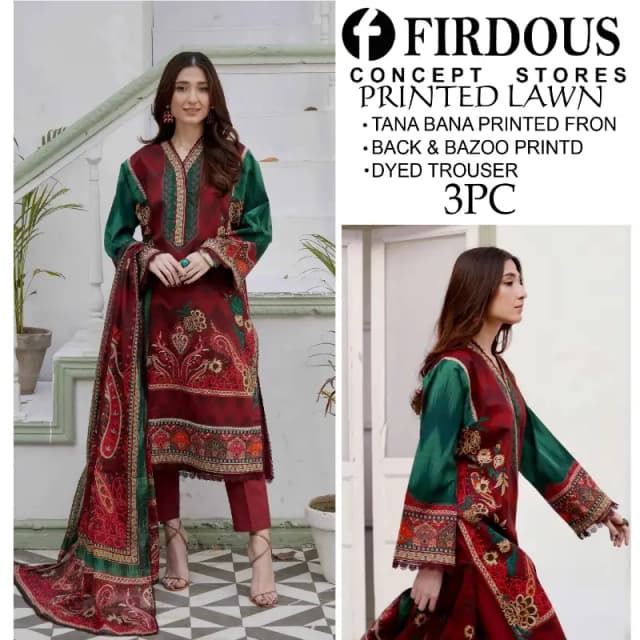 Doria Lawn (Tana Bana) Digital Printed Lawn 3pc With Dyed Trouser