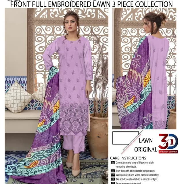 Boring Embroidered Shirt Embroidered Boring Back & Bazo, with Diamond Slub Printed Dupatta and Dyed Cotton Trouser 3PC 10 Suits Set Rs. 32500 only A High Quality Product what's App 0342-5977722